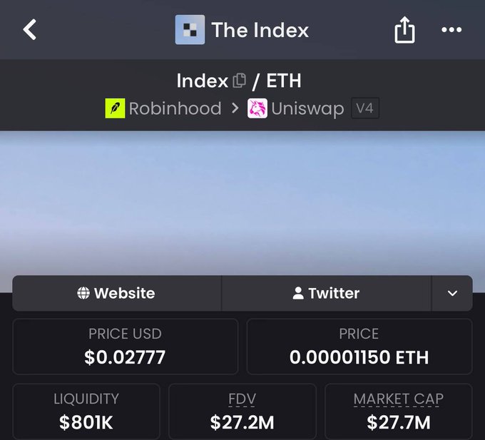 A screenshot of the token page for "The Index" ($INDEX) showing it traded on Uniswap V4 at $0.02777 USD ($801K liquidity, $27.7M market cap). The image supports the post's claim by showing the token's live on-chain trading data on Uniswap V4, complementing its message about real-world asset (RWA) exposure to stocks like AAPL, NVDA, and TSLA.
