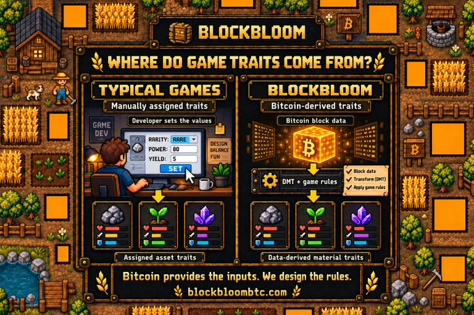 An infographic titled "BLOCKBLOOM" compares "Typical Games" with manually assigned traits to Blockbloom's Bitcoin-derived traits, showing pixel art of crops, stones, and crystals, with the tagline "Bitcoin provides the inputs. We design the rules."