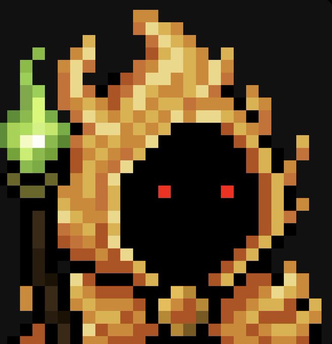 A pixel art character wearing a golden flame-patterned hoodie with glowing red eyes, holding a green staff, set against a dark background. The fiery hooded figure visually represents the "Flame Hoodie" NFT the poster revealed as their rarest MancerXYZ collectible.