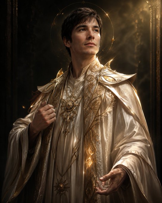 A radiant, angelic figure in ornate golden robes with a glowing sun medallion and halo is depicted, embodying the divine aesthetic central to the token's launch on Pons, where the creator is working to reward NFT minters in the current 597/7779 mint phase.