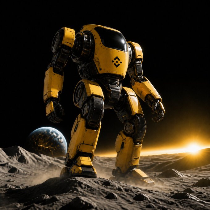 A yellow robotic mech or astronaut suit standing on a barren, rocky planetary surface with a dark sky, a distant Earth-like planet, and a glowing sun on the horizon.