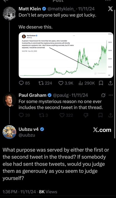 X (Twitter) post thread featuring Matt Klein, Paul Graham, and Uubzu v4 discussing a tweet about cryptocurrency experiencing a 'systematic' price rise.