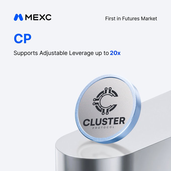 A promotional image for MEXC listing of Cluster Protocol (CP), noting 'First in Futures Market' and 'Supports Adjustable Leverage up to 20x' with an image of the Cluster Protocol coin.