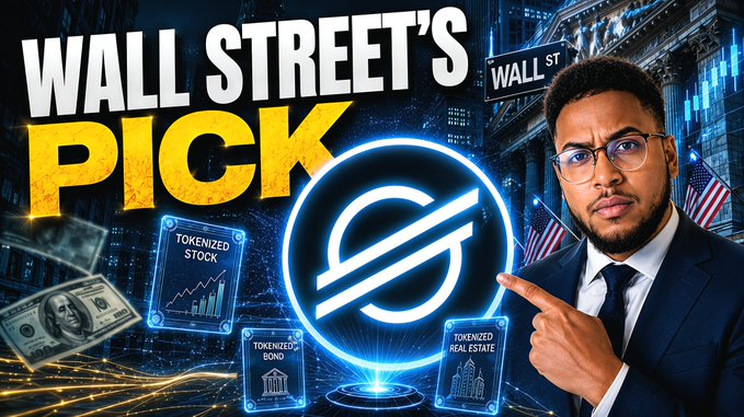 A thumbnail for a YouTube video titled "WALL STREET'S PICK," featuring a man pointing at the Stellar (XLM) logo alongside visuals of tokenized stocks, bonds, and real estate, with the post promoting a video about how Stellar Lumens could make early investors millionaires again.