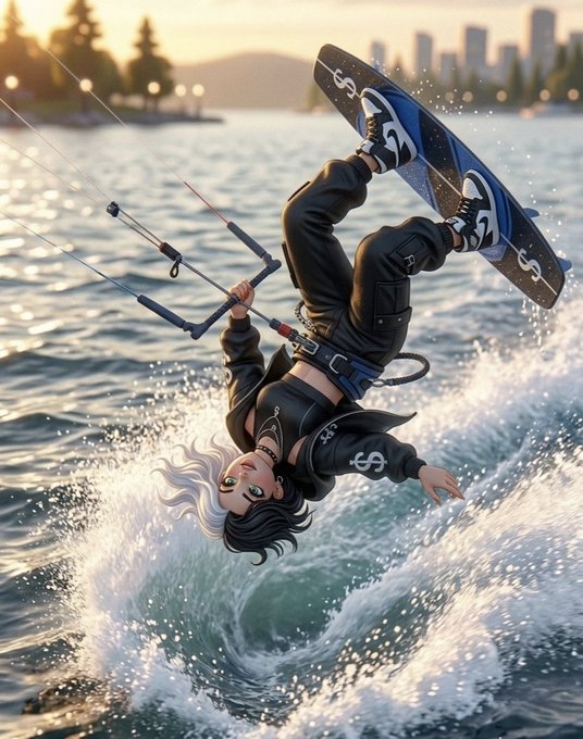 An anime-style illustration of a girl performing an inverted aerial trick while kiteboarding on the water, with a city skyline in the background.