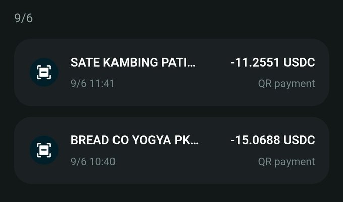 The image shows a digital wallet transaction history displaying two QR payments on 9/6: "-11.2551 USDC" at "SATE KAMBING PATI..." at 11:41 and "-15.0688 USDC" at "BREAD CO YOGYA PK..." at 10:40. The post humorously illustrates the user's frustration at trying to save USDC to avoid small QRIS conversions to IDR, only for the wallet to charge them in small USDC amounts at food vendors like sate and bread shops in Indonesia.
