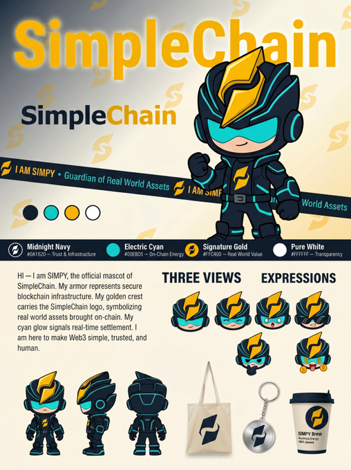 The image features a cartoon character wearing a suit with a yellow lightning bolt emblem on their chest. The character also has a blue helmet with a yellow lightning bolt emblem on top of it, giving them a futuristic appearance. In front of the character is a white banner that says "Simplechain" and "IMPOSSIBLE CHAIN". Below this, there are descriptions of the character's abilities and powers, as well as a list of their achievements in various contests. The image also includes a logo for a coffee cup with a lightning bolt design on it.