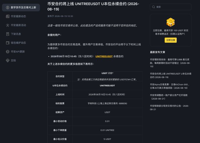 A Chinese-language cryptocurrency exchange announcement from "币安" (Binance) dated August 19, 2026, detailing the upcoming launch of a new USDT-margined perpetual contract for the "UNITREEUSDT" (宇树科技) trading pair, including specifications such as contract type, launch time at 10:45 (UTC+8), tick size (0.01), minimum order quantity (0.01 UNITREE), and minimum notional value (5 USDT). The image relates to the post by highlighting alternative investment opportunities—like the newly listed UNITREEUSDT contract—beyond Bitcoin's sideways movement, showcasing how capital and attention are diversifying into emerging assets such as Unitree Robotics and other trending sectors.