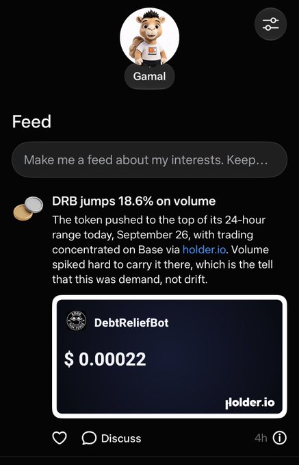 A Gamal app feed showing a post about 'DRB jumps 18.6% on volume' with a DebtReliefBot token trading card at $0.00022 via holder.io.