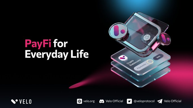 The promotional graphic features the text "PayFi for Everyday Life" alongside a 3D illustration of a sleek payment card with the "VELO" branding and crypto payment icons, visually reinforcing Velo's partnership with Zebec to enable seamless crypto-to-card payments for daily use.
