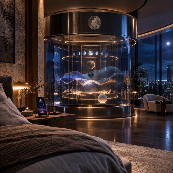A luxurious bedroom interior at night featuring a large cylindrical glass display case illuminated from within, containing suspended planetary models representing celestial bodies, with a city skyline visible through floor-to-ceiling windows and a moon in the sky.