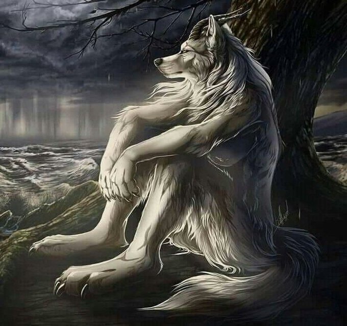 A detailed black and white illustration of a wolf-like creature with long flowing hair sitting on a beach under a dark, cloudy sky, leaning against a tree.