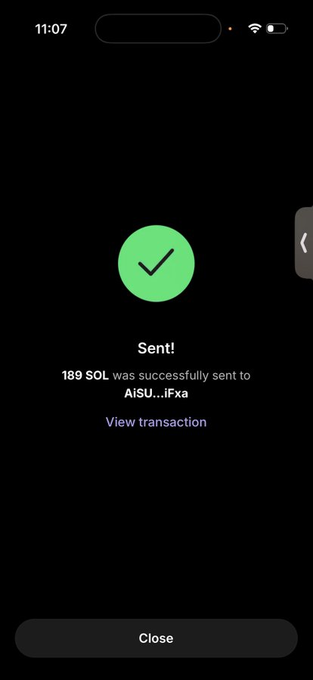 A mobile phone screenshot showing a successful transaction confirmation: a green checkmark with the text 'Sent! 189 SOL was successfully sent to AISU...iFxa' and a 'Close' button.