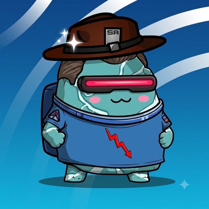 A cute chibi-style cartoon character with a cracked teal body wearing a brown hat labeled "SR," pink VR-style sunglasses, and a blue outfit with a red downward arrow stands against a blue swirled background. The arrow and the accompanying text "We're going to zero. Rock bottom even." suggest the character humorously personifies a stock or asset in freefall, with the cracks and downward symbol visually representing the decline to zero.