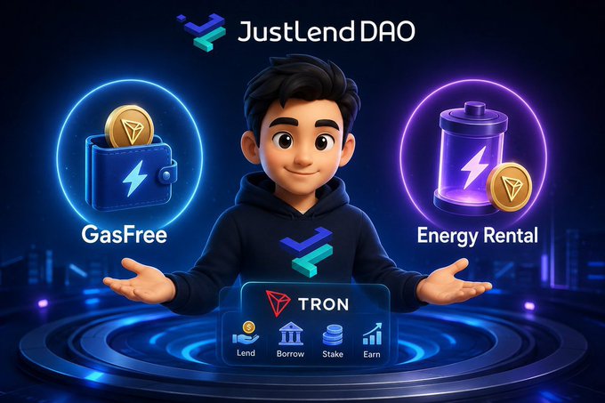 A promotional graphic for JustLend DAO featuring a cartoon character between two glowing circles labeled "GasFree" and "Energy Rental," with a TRON interface showing Lend, Borrow, Stake, and Earn options.