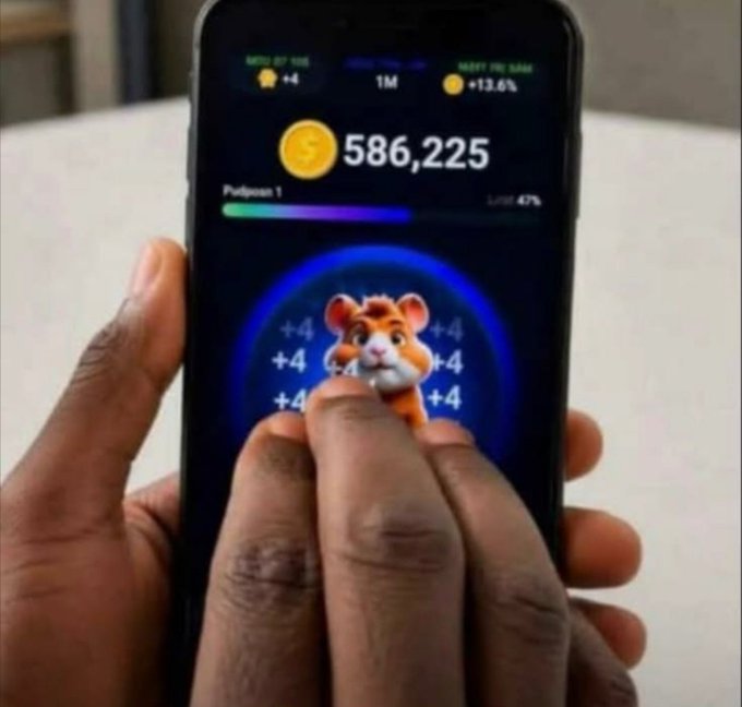 A close-up of hands holding a smartphone displaying a tapping game with a coin balance of '586,225' and a cartoon tiger character surrounded by '+4' indicators.