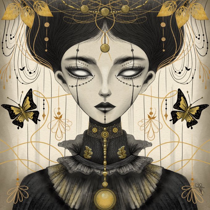 An intricate illustration of a pale woman with white, pupil-less eyes and dark lips, adorned with gold ornaments, a golden headpiece, and two butterflies hovering near her shoulders.