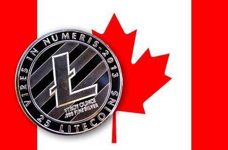 A Litecoin coin celebrating 'LITECOIN AT BLOCK 2,016,000 / .999 FINE SILVER / 25 LITECOINS' rests against a Canadian flag backdrop.