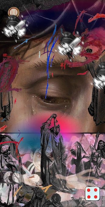 A surreal mixed-media collage featuring a crying eye, color splashes, skeletal figures, and a hooded robed figure holding up a small object.