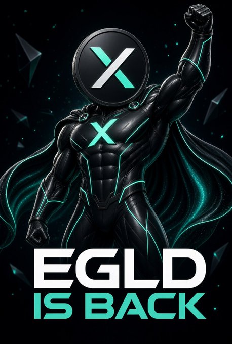 A digital illustration of a futuristic armored superhero character with an 'X' symbol on the helmet and chest, with bold text below reading 'EGLD IS BACK'.