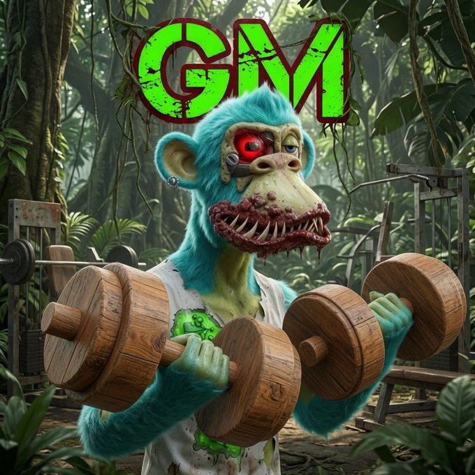 A cybernetic, blue-furred monkey wearing a white shirt holds large wooden dumbbells in a jungle gym, accompanied by the green text "GM." This image serves as a playful visual response to the prompt "What do we do on Fridays??", suggesting a "gym day" or "fitness Friday" theme.