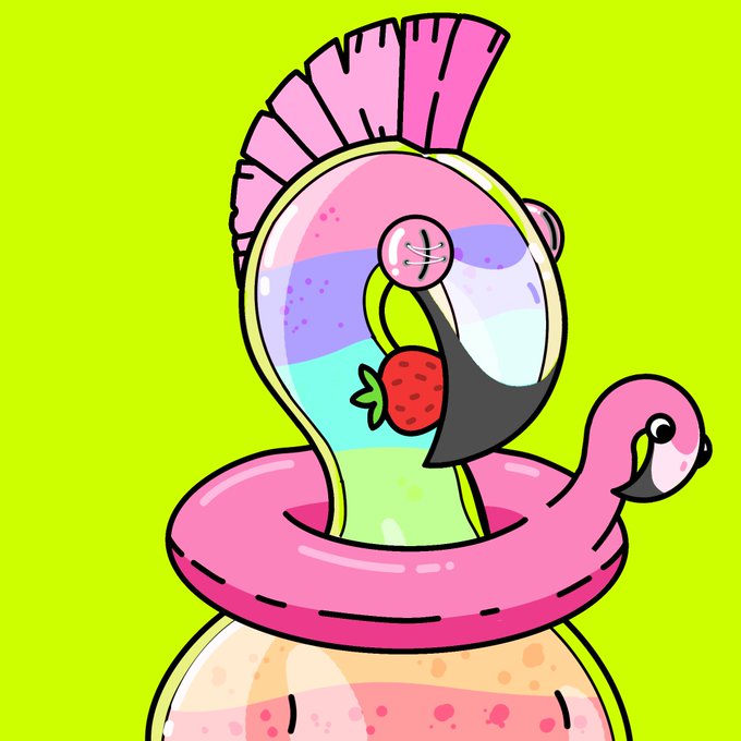 A whimsical, hand-drawn illustration features a flamingo perched on a pink inner tube while sipping a strawberry drink, with a colorful mohawk-like crest on its head—all set against a vibrant lime-green background. The cartoonish, doodle-like style of the artwork visually embodies the playful, non-photorealistic aesthetic of the hand-drawn NFTs now being showcased on Robinhood's marketplace.