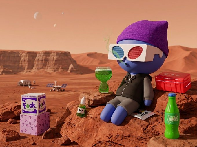 A 3D-rendered blue character with an oversized purple beanie and 3D glasses relaxes on a Mars-like rocky surface, surrounded by items including a green Alien energy drink, a small bottle with a smiley face, and Fock brand boxes.