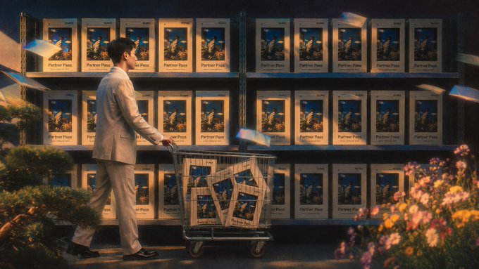 A man in a white suit pushes a shopping cart overflowing with "Partner Pass" NFTs down a hallway lined with identical digital displays of the collection, visually capturing the excitement of the upcoming mint on OpenSea. The scene's abundance of passes emphasizes the project's scale and the urgency of the whitelist closure announcement.