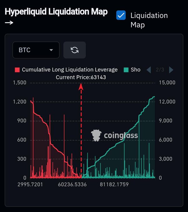 A Hyperliquid Liquidation Map for BTC displays cumulative long and short liquidation leverage clusters at the current price of 63,143, with notable liquidity concentrations between 2,995-60,236 (longs) and 60,236-81,182 (shorts). The chart supports the post's point about leveraged positions facing forced closures at key price levels, highlighting where market-moving whale activity could trigger cascading liquidations on the perpetual DEX.
