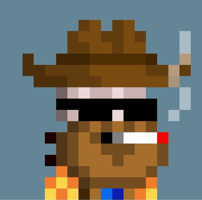 A pixel art character wearing a brown cowboy hat, black sunglasses, and a checkered shirt holds a smoking cigar against a blue background.