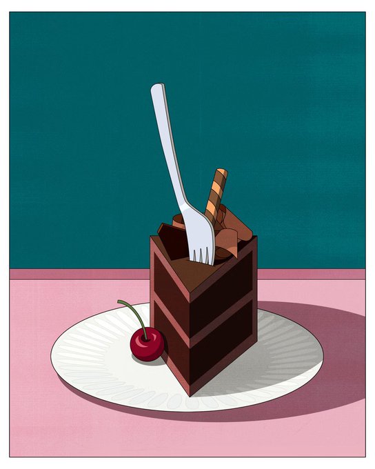 An illustration shows a slice of chocolate cake with a fork and a candle stuck in it, served on a white plate with a cherry on the side.