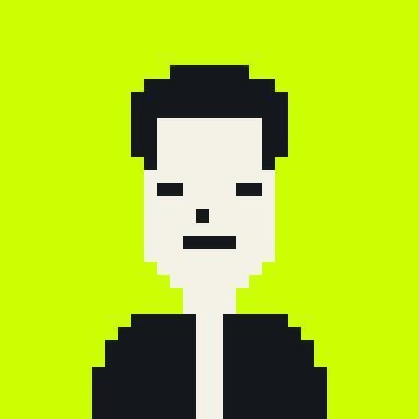 A minimalist pixel-art style portrait of a man with dark hair and a dark shirt against a bright lime-green background.