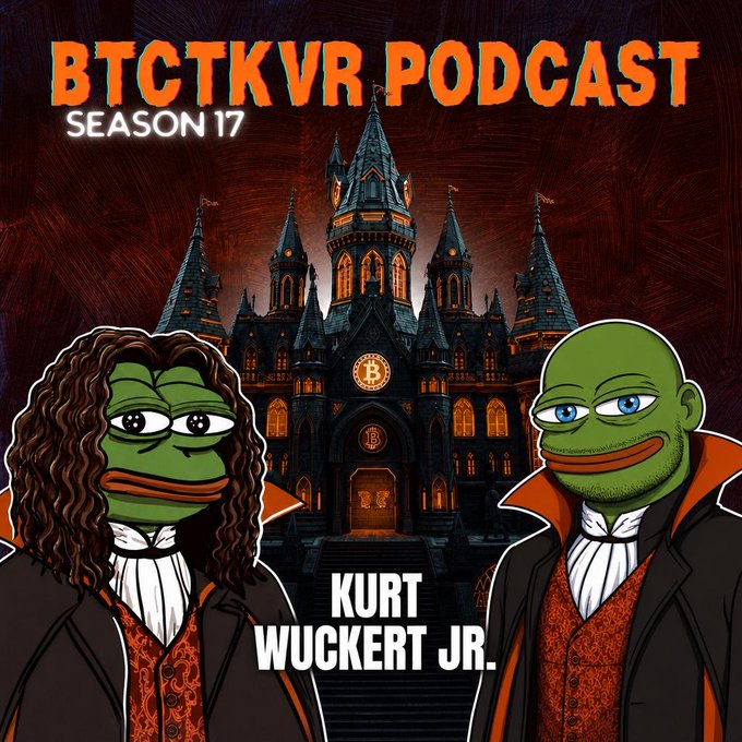 The image is a promotional graphic for "BTCTKVR Podcast, Season 17," featuring two Pepe the Frog characters in vampire attire standing before a gothic castle adorned with Bitcoin logos, with text announcing an interview with guest "KURT WUCKERT JR." The Halloween-themed artwork teases the upcoming interview referenced in the post, where Kurt Wuckert Jr. will be questioned about the Hodlonaut doxxing controversy before discussing BSV's technical upgrades.