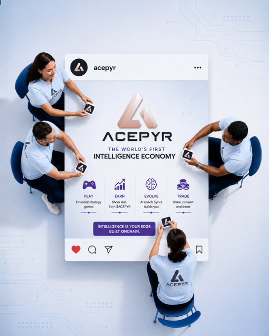 Four people in light blue shirts interact with a large display screen promoting 'ACEPYR', described as 'THE WORLD'S FIRST INTELLIGENCE ECONOMY' with options to 'PLAY', 'EARN', 'EVOLVE', and 'TRADE'.
