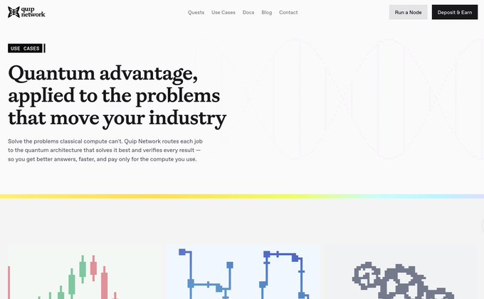 The image presents a screenshot of a website called "quip network" with various elements such as an orange logo, a banner displaying text, and a picture depicting a graph or chart. The main message of the image seems to be promoting Quantum Advantage in industries by directing people towards real-world applications that use Quantum Architecture.