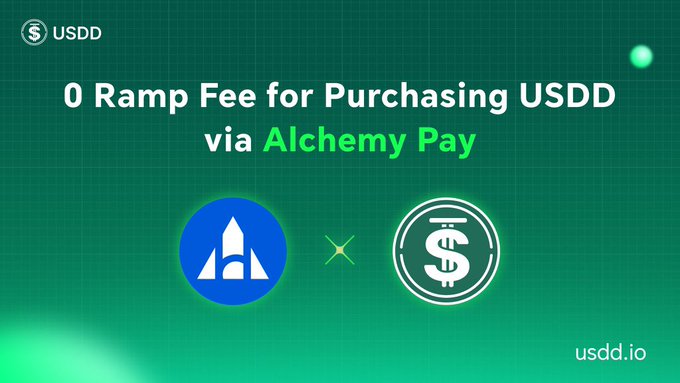 The image features a green background with white text that reads "0 RAMP FEE FOR PURCHASING USDD via Alchemy Pay" at the top of the screen. Below this, there are two blue circles with a triangle on each one, which appear to be logos for different companies or platforms related to cryptocurrencies and blockchain technology. The image also includes a watermark that reads "USddio".