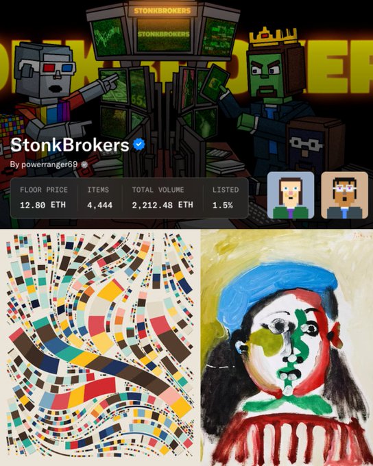 A collection of NFT artwork including a pixel-art trading floor scene titled 'StonkBrokers By powerranger69' with a floor price of 12.80 ETH, alongside a geometric abstract piece and a colorful childlike portrait painting.