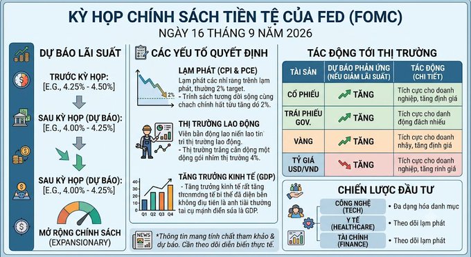 A Vietnamese infographic titled 'KỲ HỌP CHÍNH SÁCH TIỀN TỆ CỦA FED (FOMC) NGÀY 16 THÁNG 9 NĂM 2026' details Fed interest rate decisions, decision factors like cooling inflation and GDP growth, market impacts on stocks/bonds/gold/FX, and investment strategies across tech, healthcare, and finance sectors.