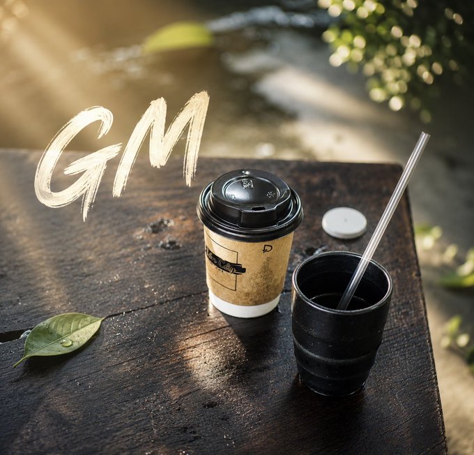 A takeaway coffee cup and a black tumbler with a metal straw sit on a wooden table, with 'GM' written in white chalk-style lettering on the surface.