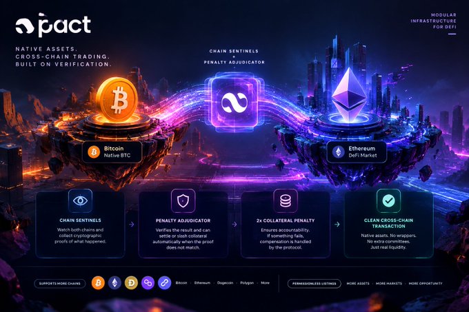 A promotional graphic for 'pact' blockchain platform highlighting 'NATIVE ASSETS. CROSS-CHAIN TRADING. BUILT ON VERIFICATION.' featuring Bitcoin and Ethereum icons with 'Chain Sentinels' and 'Penalty Adjudicator' features.