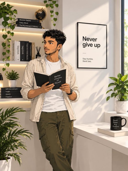 An illustration of a man reading a book titled 'Better Versions of Myself' in a room with motivational posters like 'Never give up' and books on topics like 'Atomic Habits' and 'The Psychology of Money'.