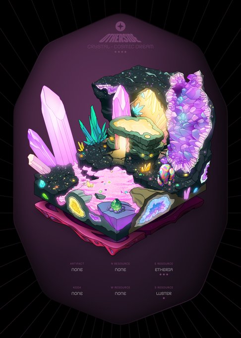 The image features a digital illustration of a 3D model of crystals and minerals, including purple crystals and other gemstones. The background of the image is black with white lines that appear to be radiating outwards from the center. The text "GRAIL OTHERDEED EXPANDED SOLD #95736 - 0.65 Etheria (rare resource, 311 supply)" is present in the image. This suggests that there might be a sale or promotion related to this illustration of crystals and minerals on social media platforms like Instagram.