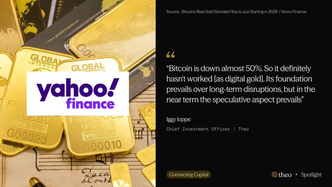 A Yahoo Finance promotional graphic featuring stacked gold bars alongside a pull quote from Theo CIO Iggy Loppe stating "Bitcoin is down almost 50%. So it definitely hasn't worked [as digital gold]. Its foundation prevails over long-term disruptions, but in the near term the speculative aspect prevails," tied to a debate over whether bitcoin has earned the "digital gold" label.