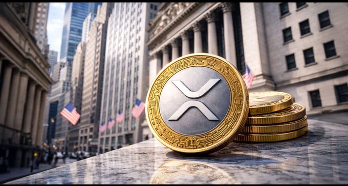 A stylized XRP cryptocurrency coin standing upright against a backdrop of golden coins, with a blurred Wall Street/financial district scene and American flags in the background.