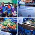 A collage of four smaller images showing people in blue shirts, a flyer, a green graphic, and what appears to be merchandise or promotional items.