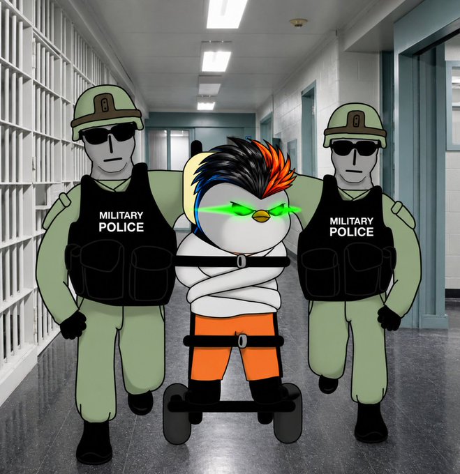 A digital illustration depicts a penguin with a colorful mohawk, glowing green eyes, and crossed arms restrained in a straitjacket-like outfit, being escorted by two 'MILITARY POLICE' officers down a prison hallway.