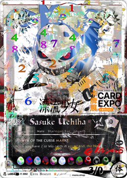 A trading card featuring 'Sasuke Uchiha' from Card Expo, with Japanese text and numbered markings overlaid in red, green, and yellow across the design.