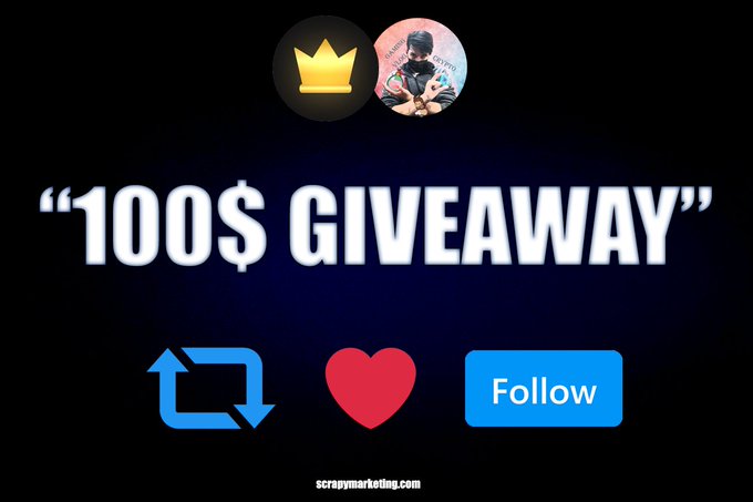 A promotional graphic featuring a crown icon and profile picture above bold white text reading "100$ GIVEAWAY," accompanied by retweet and heart icons and a blue "Follow" button on a dark background, advertising a $100 USDT crypto giveaway by @Crown_Lounge and @scrapycocotv.
