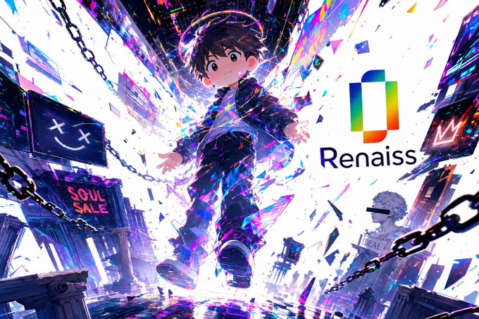 An anime-style illustration of a young character with glowing wings standing amid shattered glass and chains, with the 'Renaiss' logo and labels like 'SOUL SALE' visible.