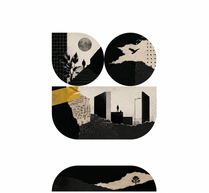 An abstract composition of black, white, and gold geometric shapes containing silhouette scenes: a figure under a moon, a bird in flight, a person standing among buildings, and a small tree.